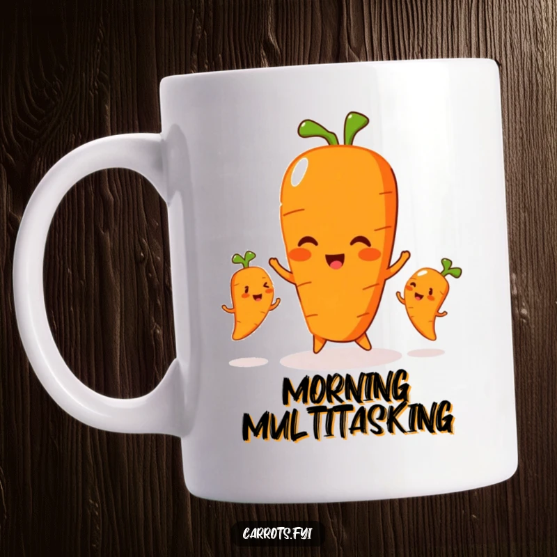 Funny mug featuring a carrot character playfully juggling three smaller, smiling carrots, showcasing skill and family fun, a perfect funny gift.