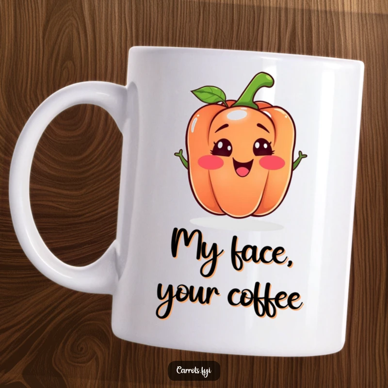 Funny bell pepper mug featuring a happy vegetable character with a comically silly expression, ready to spice up your day.