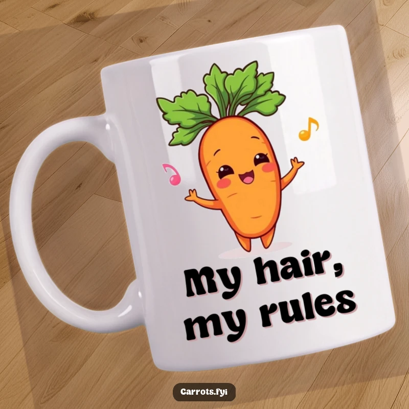 Funny mug featuring a happy carrot character joyfully juggling its own leafy green top, radiating pure vegetable delight.