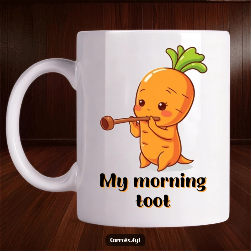 Funny mug featuring an anthropomorphic carrot playing a flute made from its hollow stalk, looking quite talented.