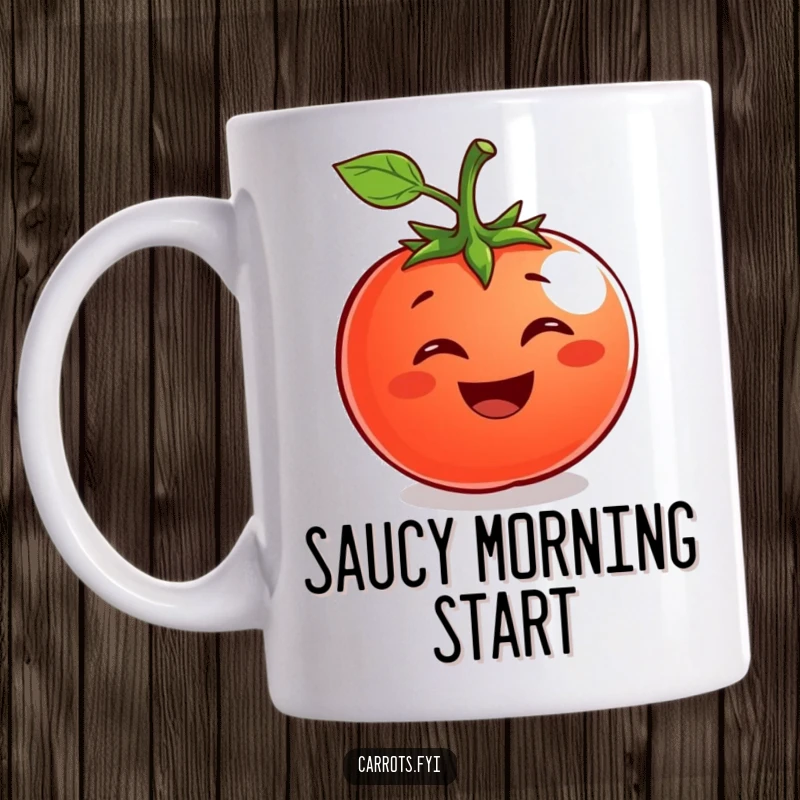 Funny Tomato Mug: A happy tomato character with a wide, infectious grin, radiating joy and deliciousness.