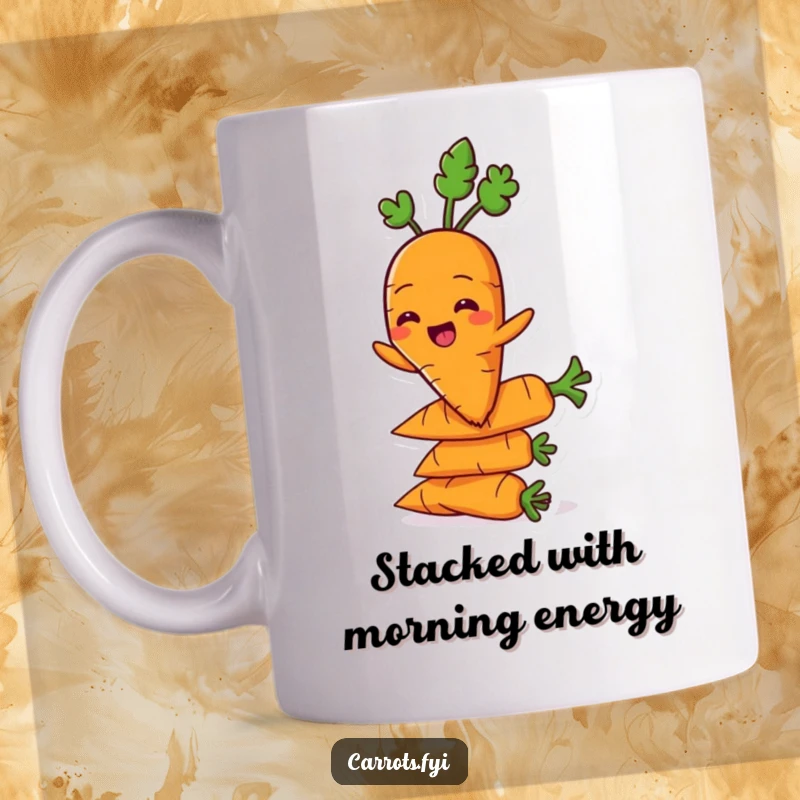 Funny carrot character grinning while balancing on a stack of carrots on a mug, showing veggie confidence.