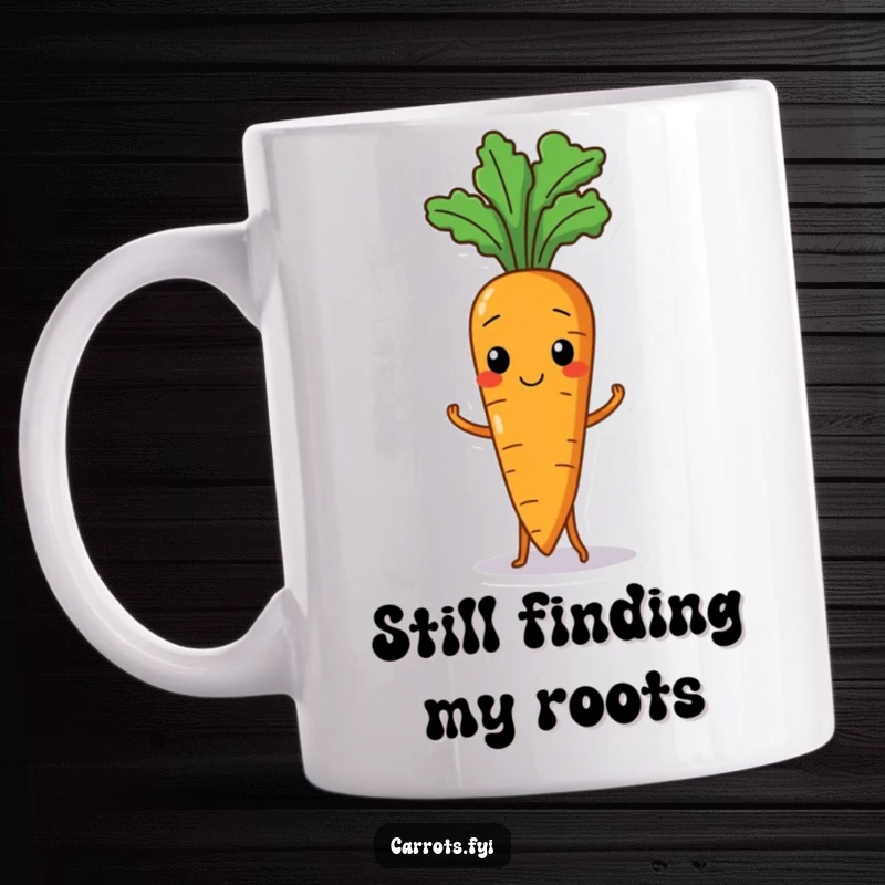 Funny mug featuring a wobbly carrot character hilariously attempting to stand up straight, conveying a relatable struggle and humor.