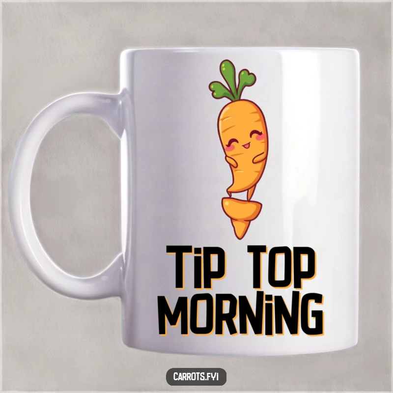 Funny mug showing a cheerful carrot character winking slyly while precariously balancing on the very tip of another carrot.