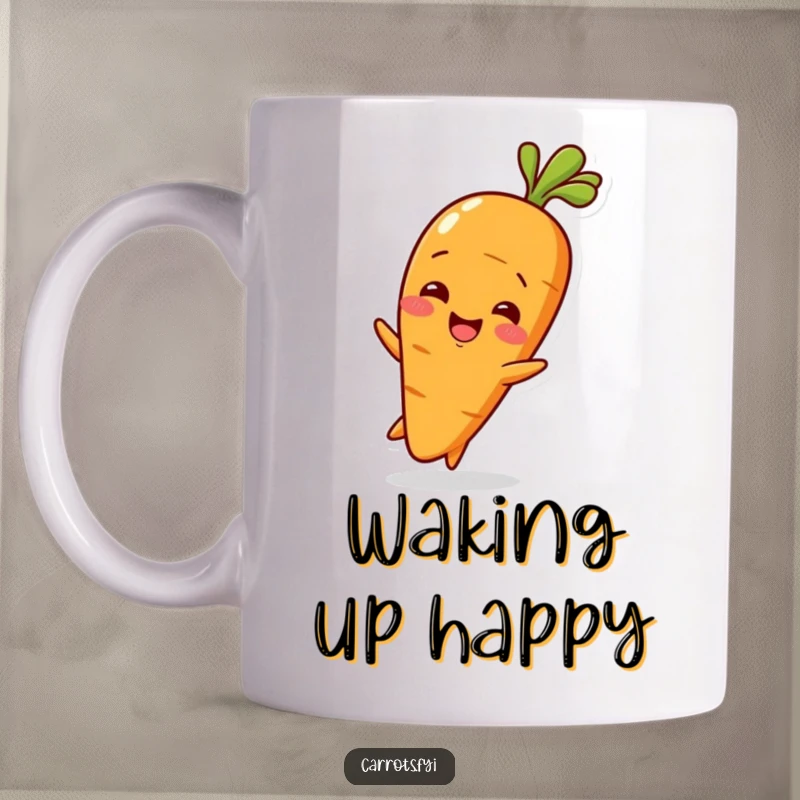 Funny Baby Carrot Mug featuring a cute baby carrot character wiggling with pure delight, incredibly charming and cheerful.
