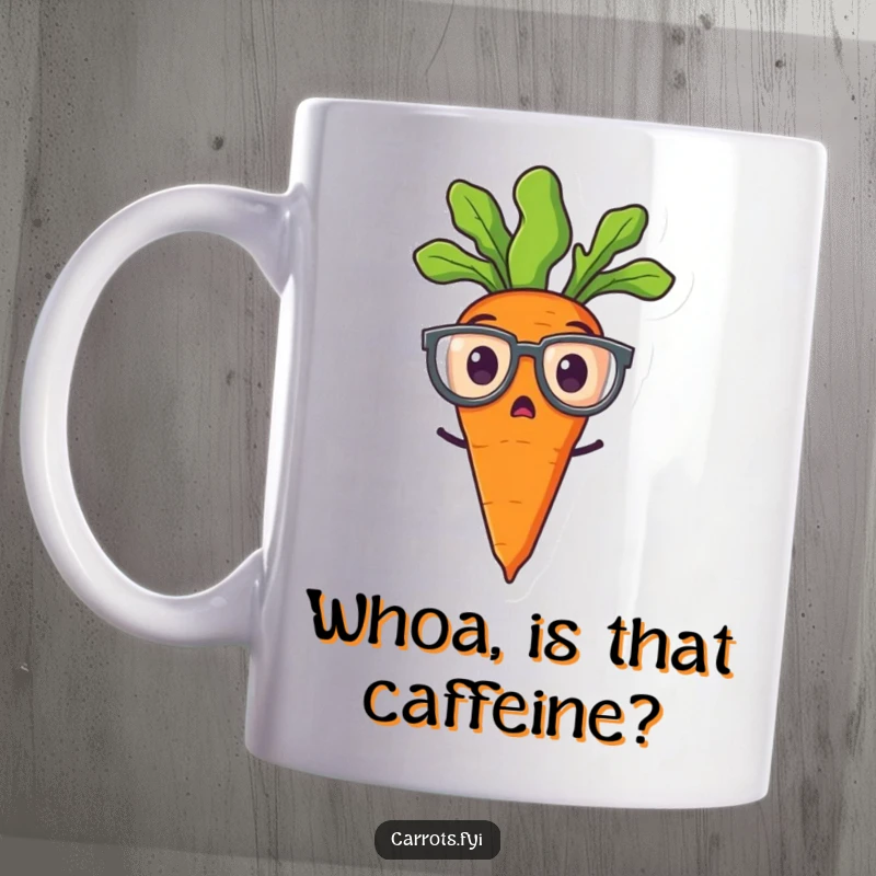 Funny mug with a cartoon carrot wearing large spectacles, looking utterly surprised and wide-eyed, ready to bring laughter.