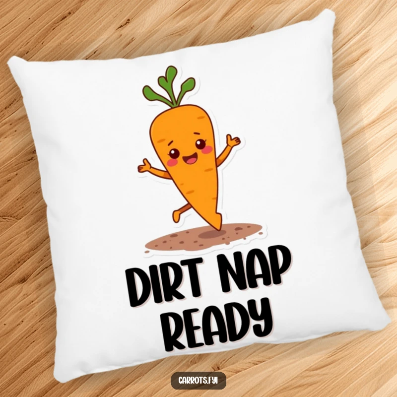 Funny pillow showcasing a carrot character doing a happy, bouncy jig with small flecks of soil flying, a soft, humorous decor item.