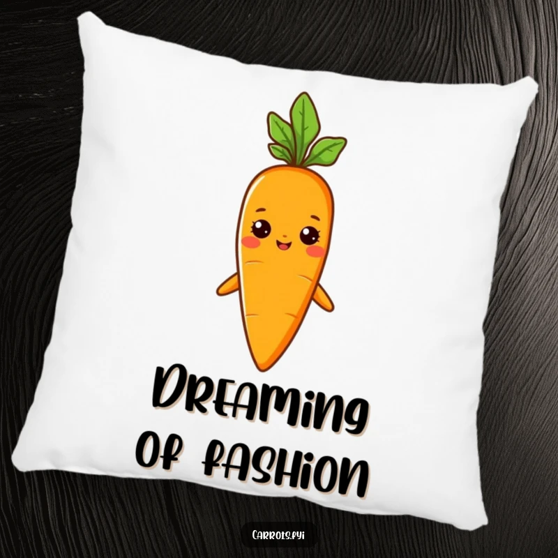 Funny pillow featuring a carrot character wearing a tiny sprout hat with an air of pride and sophisticated charm.