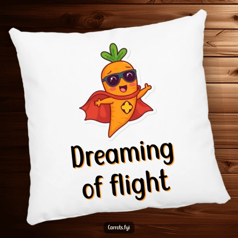 Funny carrot character flying in a superhero cape, a soft and humorous decorative pillow.