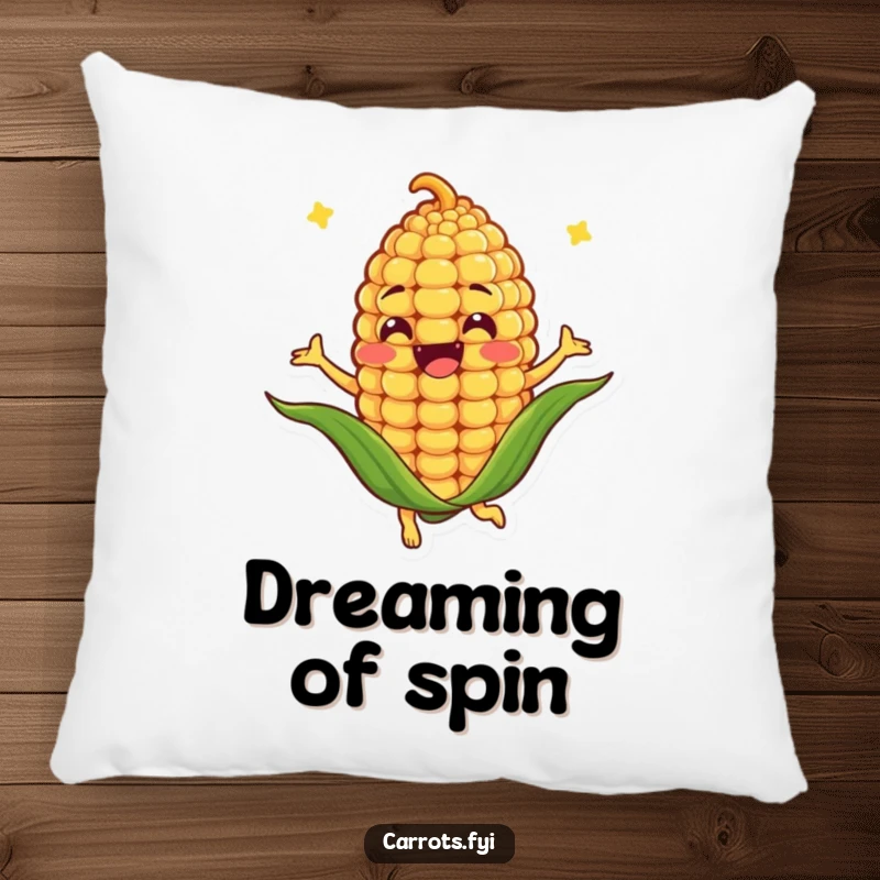 Funny pillow with an anthropomorphic corn kernel character spinning joyfully, providing comfort and humorous decor.