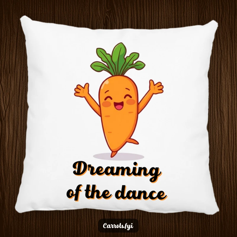 Funny carrot character dancing with arms flair on a soft pillow, adding veggie humor to decor.
