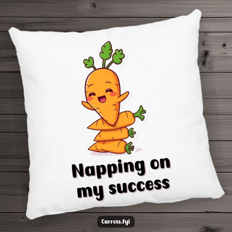 Funny carrot character grinning on a soft pillow while balancing on carrots, adding veggie humor.