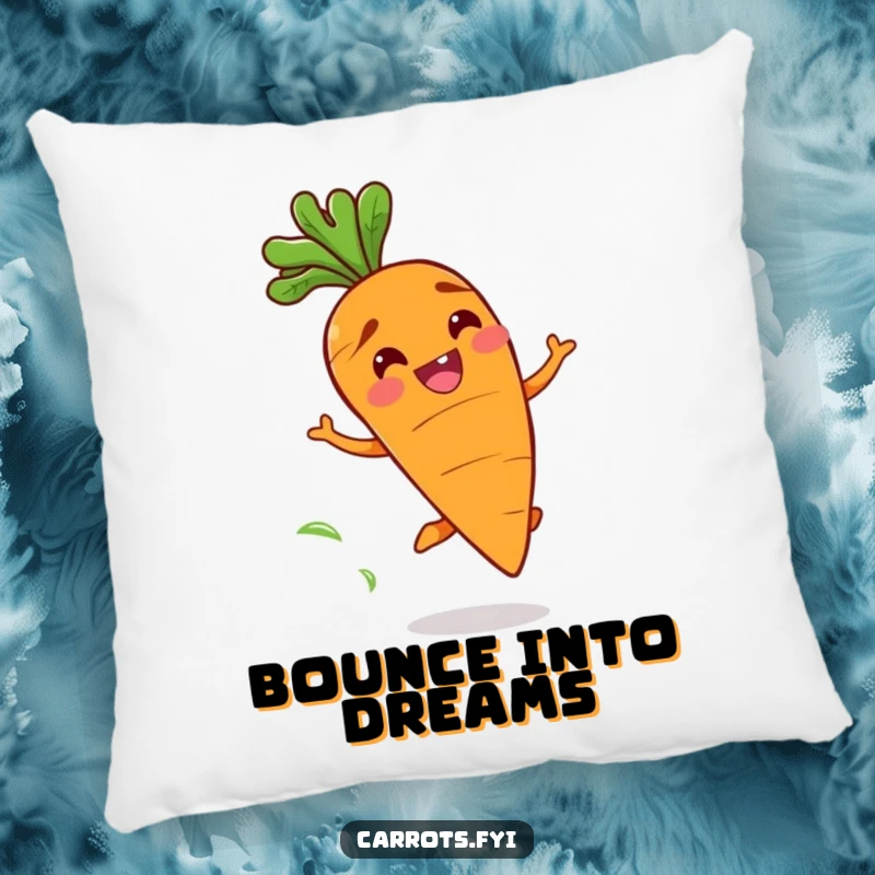 Funny pillow featuring a happy carrot character with a wide grin bouncing playfully, leaving a trail of fresh scent, for cozy enjoyment.