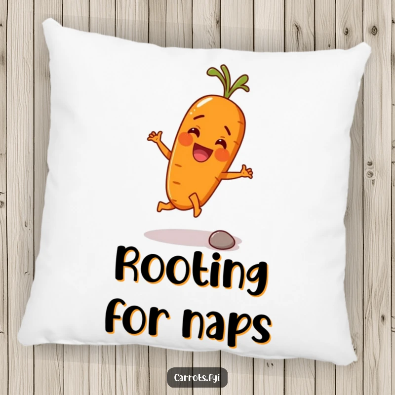 Funny pillow showcasing an anthropomorphic carrot character with big eyes and a smile, kicking a small pebble with its root, cozy and amusing.