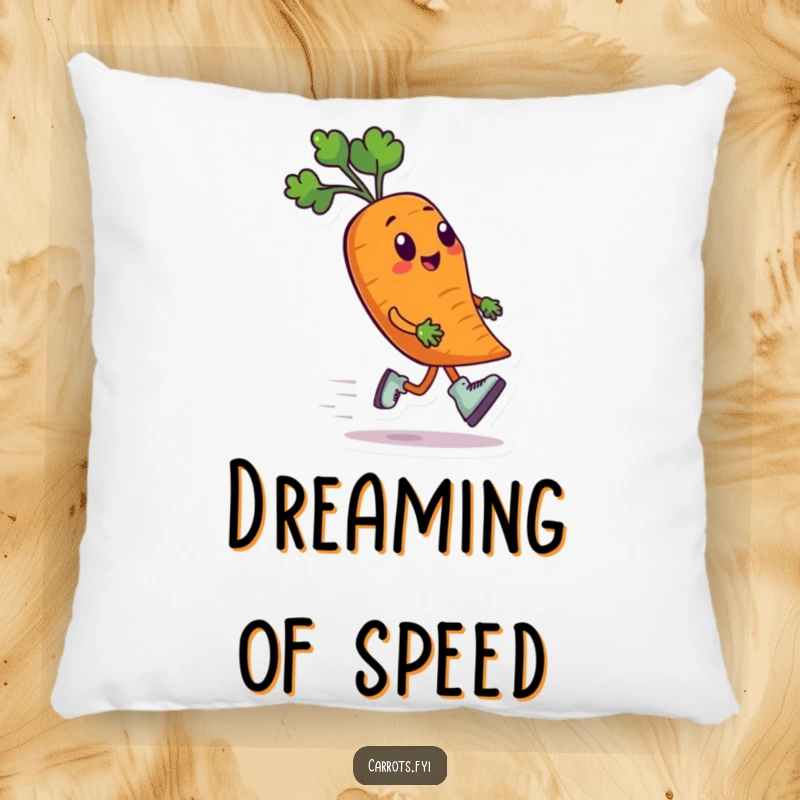 Funny pillow featuring an anthropomorphic carrot character wearing tiny roller skates, speeding along with a content smile, soft and amusing.