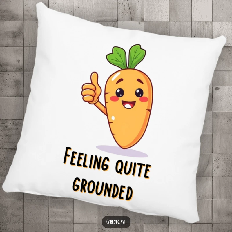 Funny pillow with a plush anthropomorphic carrot character offering a proud thumbs up and a contagious grin.