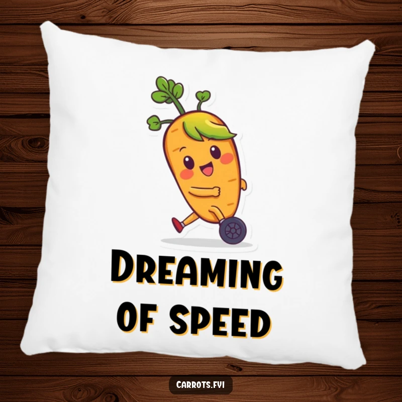Funny pillow featuring a happy carrot character with leafy hair zooming on tiny wheels, adding a touch of silly speed to your decor.