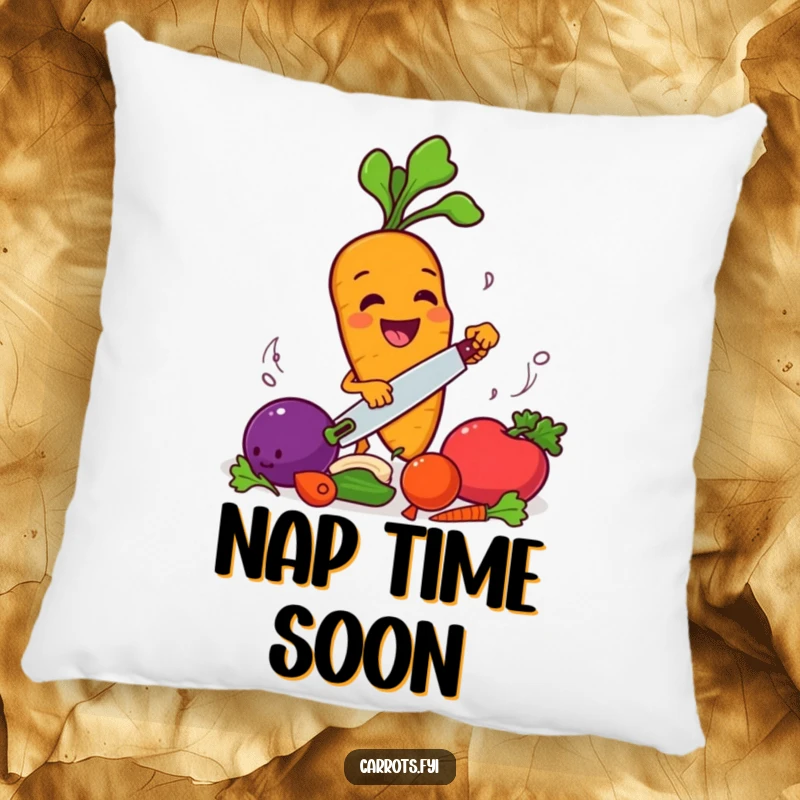 Funny carrot character chopping vegetables with a smile, a soft and humorous decorative pillow.