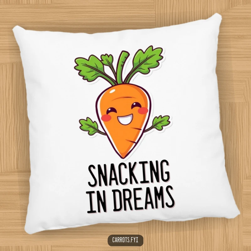 Funny pillow featuring a carrot character with an exaggerated, wide smile, emanating pure happiness and satisfying crunchiness.