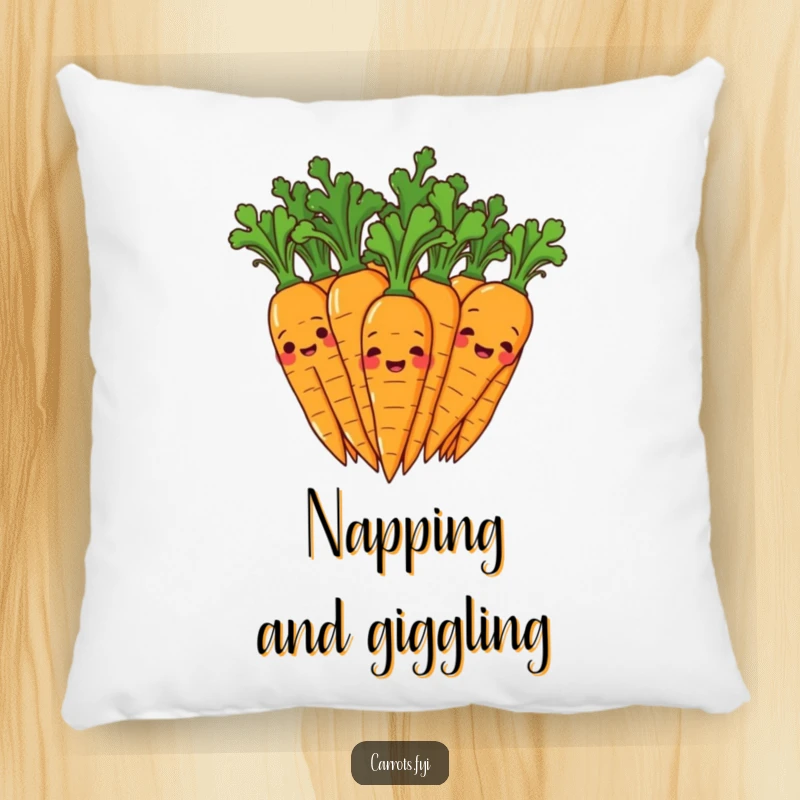 Funny pillow design of multiple carrot characters giggling joyfully, their leafy tops wiggling with infectious humor and pure, unadulterated fun.