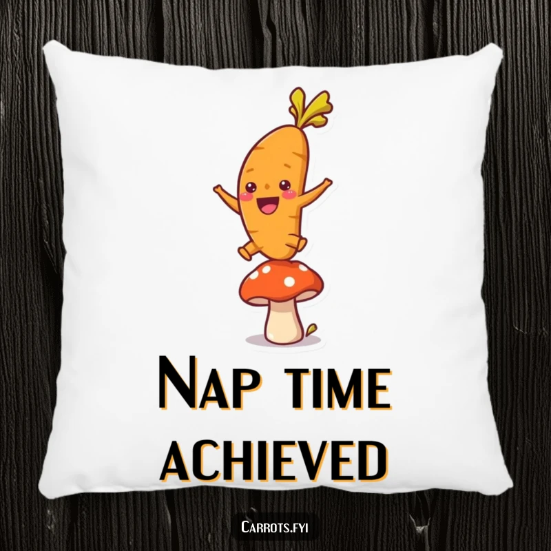 Funny pillow design of a single, ecstatic carrot character leaping exuberantly over a small mushroom, bringing a playful and humorous vibe.