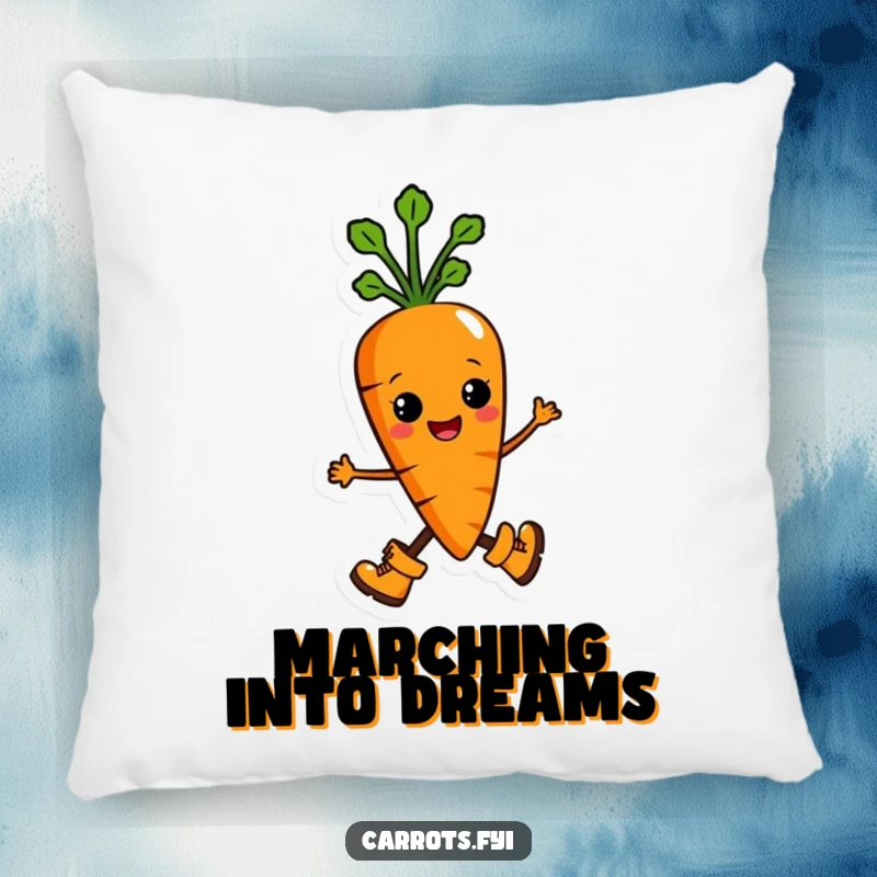 Funny pillow featuring an anthropomorphic carrot character proudly marching in tiny boots, offering a humorous and comfortable decorative piece.