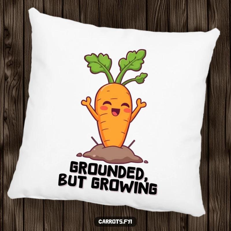 Funny carrot pillow featuring a triumphant carrot character emerging from the earth, bringing a touch of humor to any seating area.