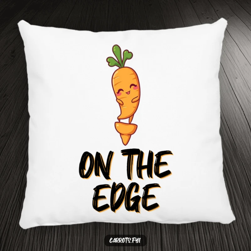 Funny pillow with a winking carrot character performing a neat balancing act on a single carrot tip, a soft humorous item.