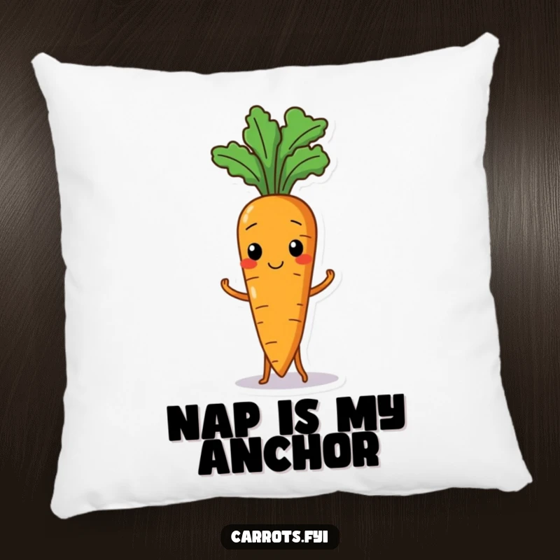 Funny pillow with a wobbly carrot character depicted in a funny, unbalanced stance, offering comfort and humor.