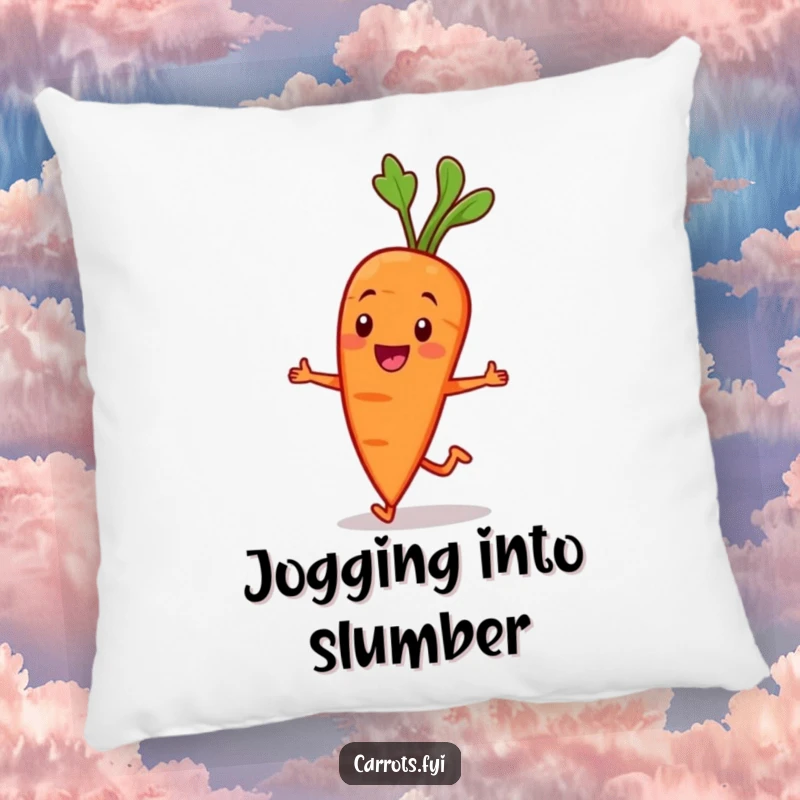 Funny Carrot Character Pillow: A smiling carrot character jogs jauntily, offering plush comfort and a dose of fitness inspiration. Soft and funny.