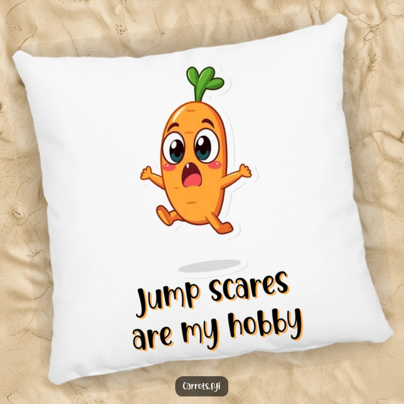 Funny carrot character in a surprised leap on a soft pillow, adding shock humor to decor.