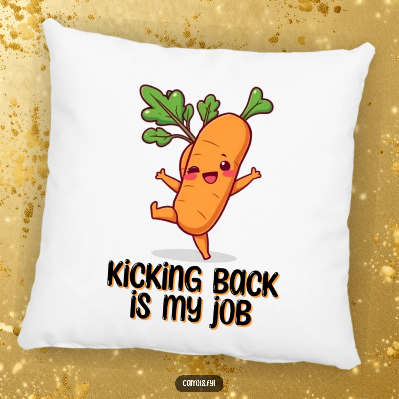 Funny pillow featuring a cartoon carrot doing a playful kick with its leafy top, adding a fun accent.