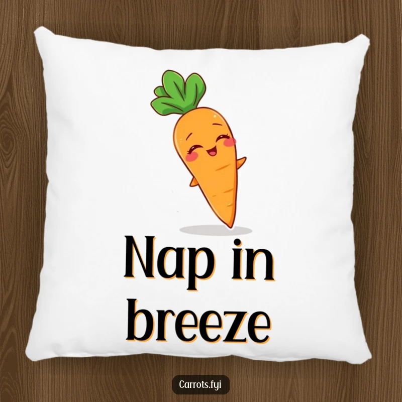 Funny pillow featuring a giggling carrot character delightedly experiencing a gentle breeze, adding comfort and charm.