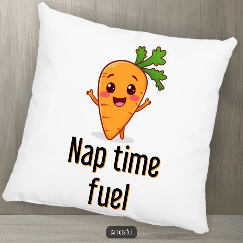Funny pillow featuring a happy carrot character excited about a healthy meal, providing comfort and a touch of humor.