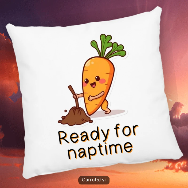 Funny pillow showcasing a cheerful anthropomorphic carrot character in a playful digging pose, offering comfort and humor.