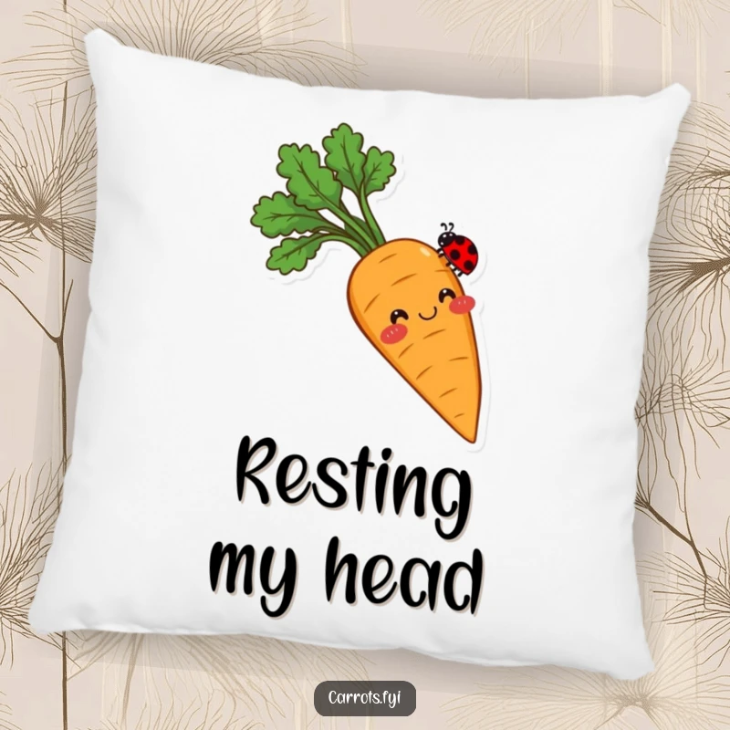 Funny pillow with a design of a smiling carrot with rosy cheeks, its tip carefully balancing a tiny ladybug, full of sweet and gentle humor.