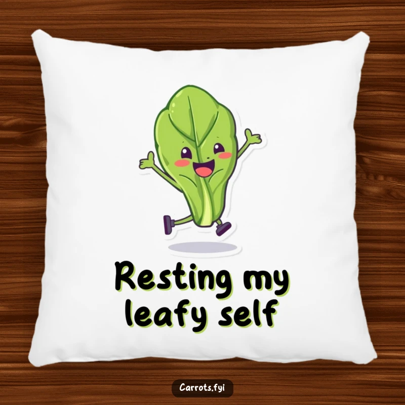 Funny spinach leaf pillow featuring a character executing a comical stunt, offering comfort and a humorous visual.