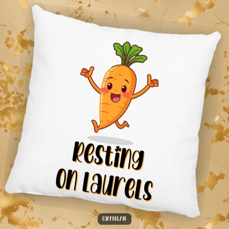 Funny pillow featuring a happy whole carrot character taking a victorious stride, adding a touch of cheerful and motivational humor to any setting.