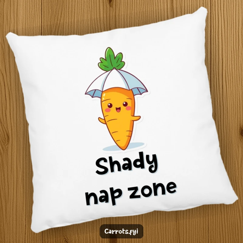Funny Carrot Pillow: A plush pillow depicting a happy carrot with a tiny umbrella shielding it from the sun, offering comfort and adorable humor.