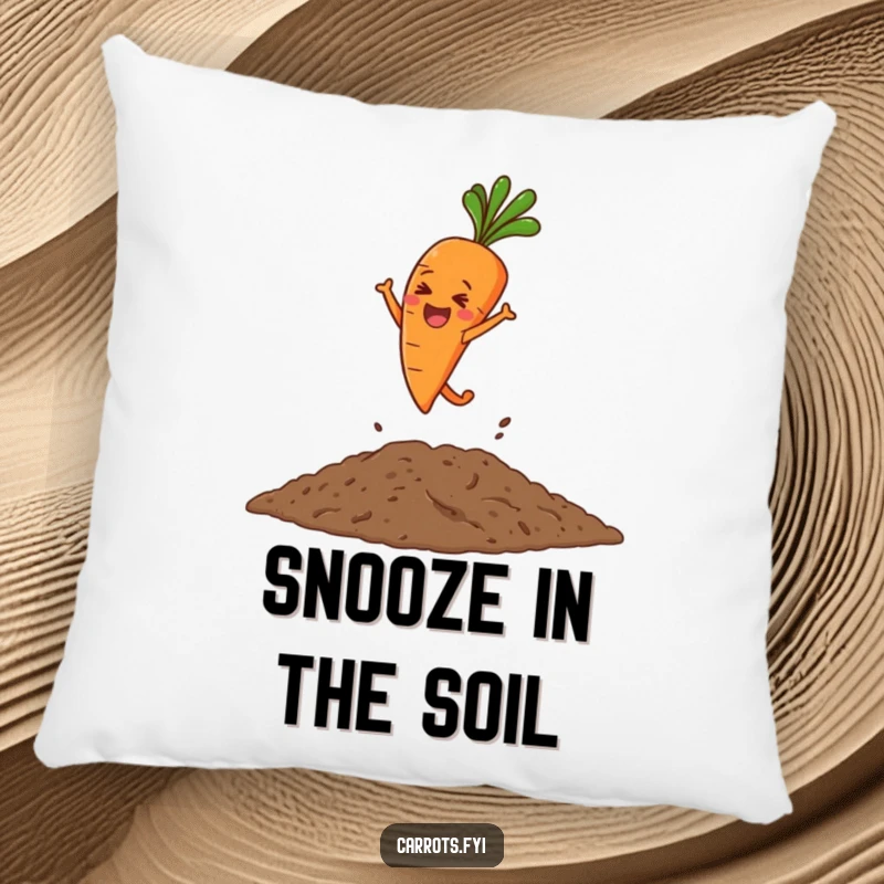 Funny pillow featuring a happy carrot character captured mid-air as it leaps exuberantly into a pile of soil.