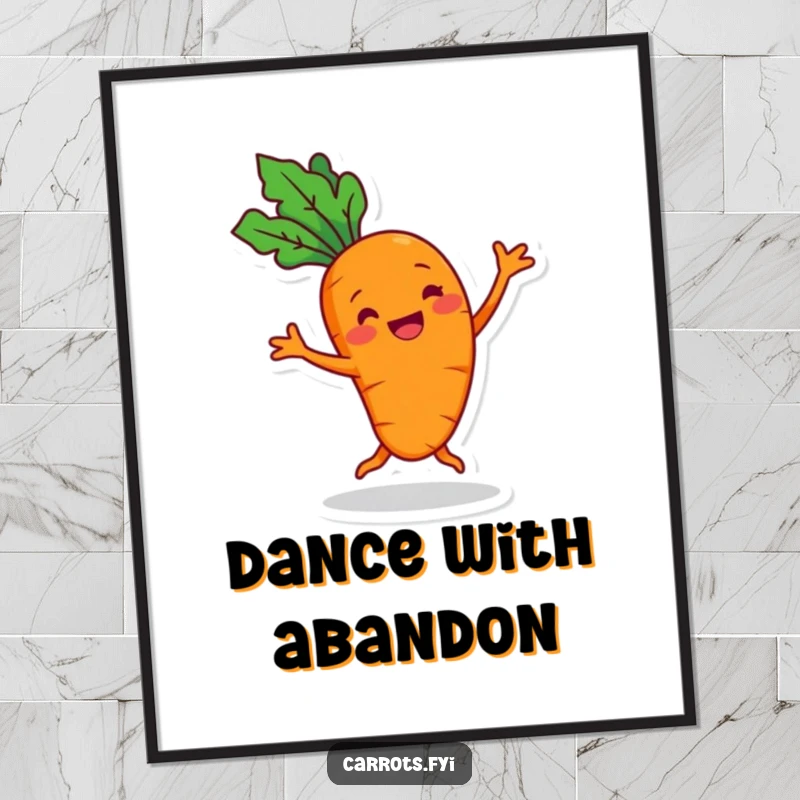 Funny cheerful carrot digital art print with a grin, performing a silly dance, ready for instant download and joyful display.