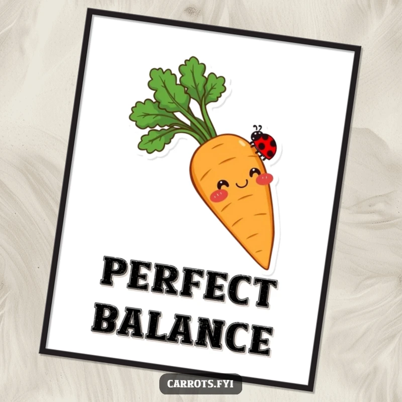 Funny digital art print featuring a smiling carrot with rosy cheeks, its tip balancing a tiny ladybug, conveying a sense of sweet, innocent charm.