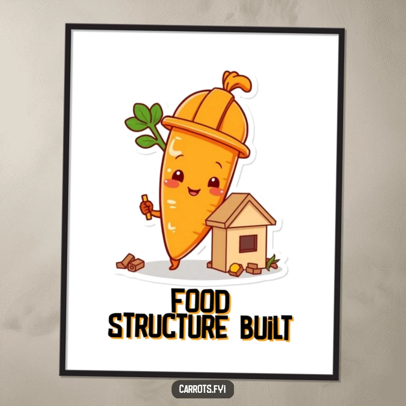 Funny carrot character wearing a hard hat and building a small food structure, a humorous digital art print.