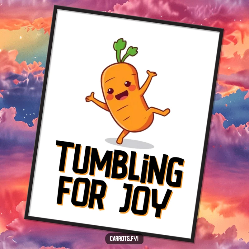 Funny Carrot Digital Art Print of an active carrot character doing a cartwheel, bringing energetic and humorous vibes.