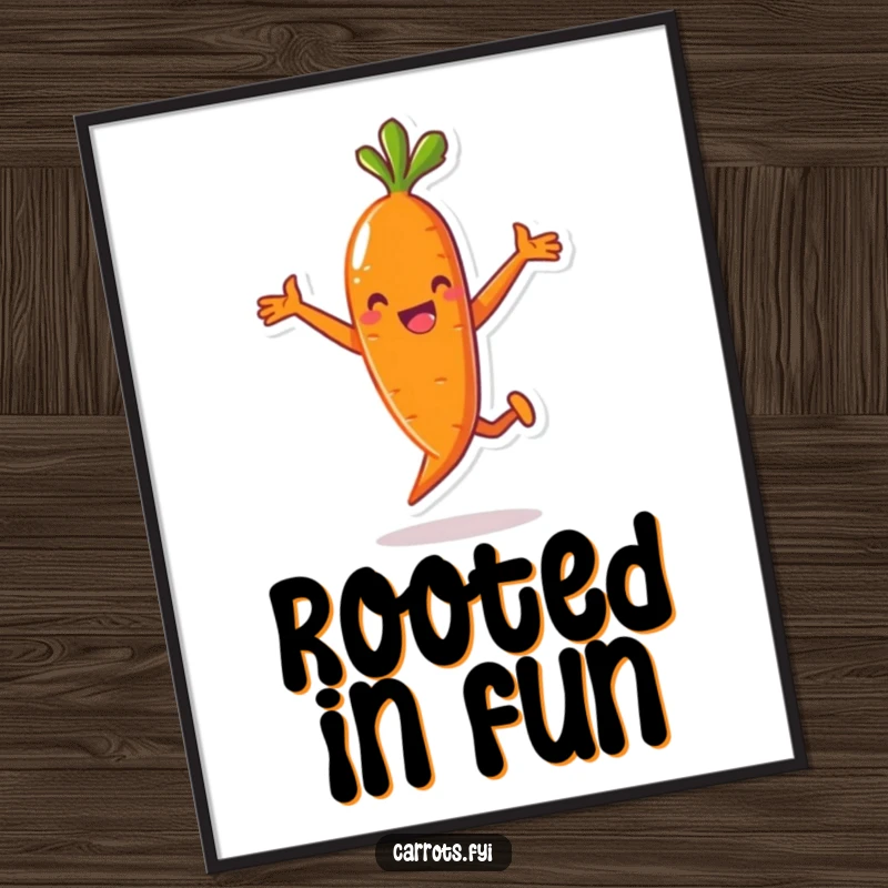 Funny digital art print of an anthropomorphic carrot character captured mid-jump, radiating pure, hilarious joy and playful energy for vibrant decor.