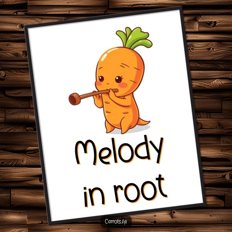 Funny digital art print of a carrot character playing a flute, its hollow stalk forming the unique musical instrument.