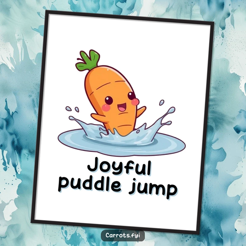 Funny digital art print of a carrot character joyfully splashing in a puddle, radiating carefree fun and excitement.