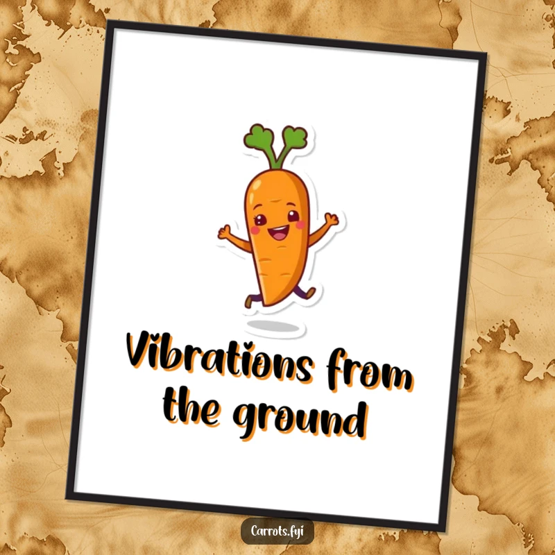 Funny digital art print of a carrot character performing an ecstatic dance, radiating happiness and energetic movement for wall decor.