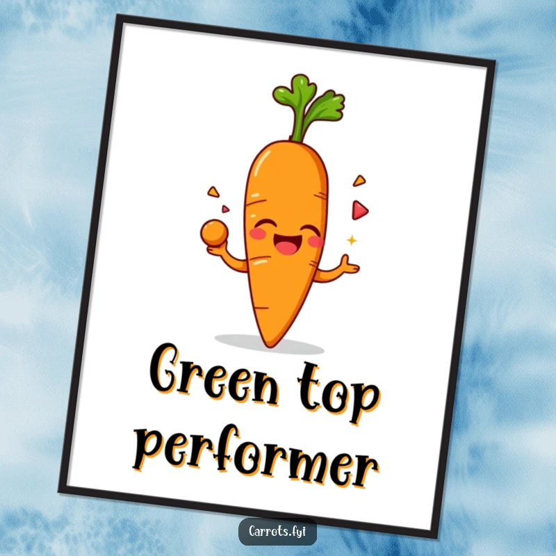 Funny digital art print of an anthropomorphic carrot character giggling gleefully while juggling its leafy green top, radiating pure, humorous delight.