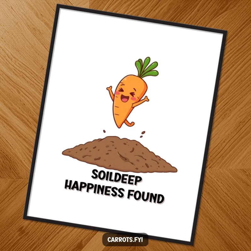 Funny digital art print of a carrot character leaping joyfully into a pile of loose soil, celebrating garden moments.
